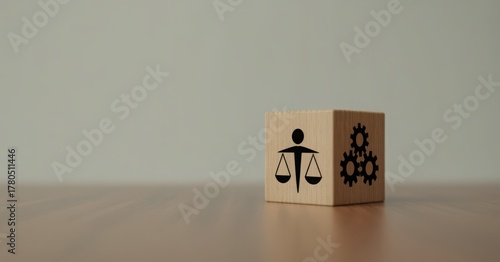 Striking wooden block representing business ethics and balance with simple gear symbols