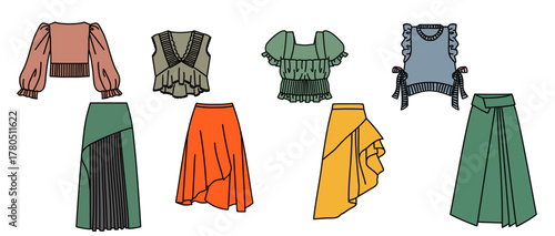 ガーリーでフェミニンなトップスとスカートのベクターセット