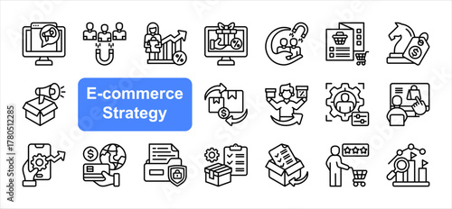 E-commerce strategy icon set with Digital marketing, Customer acquisition, Conversion rate, Personalization, User interface, Customer experience, Competitive analysis simple line vector.