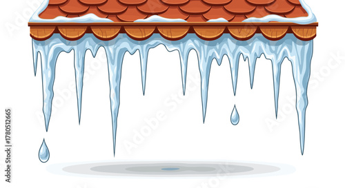 Charming cartoon roof with melting icicles, capturing the essence of winter's end and the arrival of warmer days with dripping water