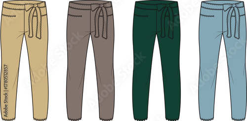 Four pairs of elastic-waist trousers in different colors, featuring a drawstring closure and a casual, comfortable fit