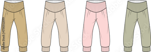 Four pairs of children's pants in different colors laid out flat
