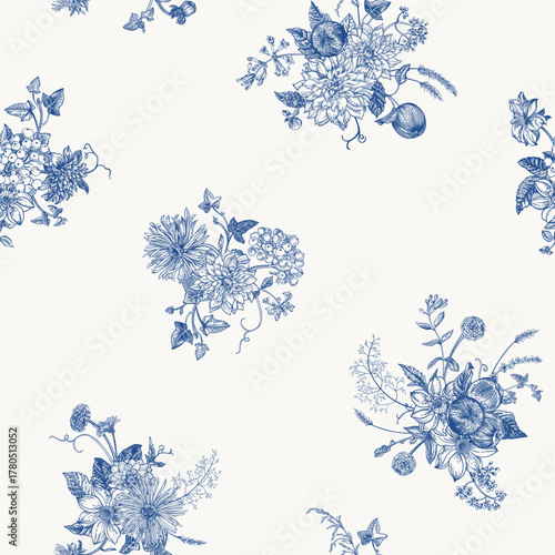 Vintage seamless pattern with small flower bouquets. Botanical summer background. Blue.