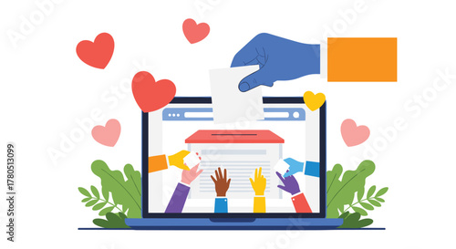 Vote online now with hearts and diverse hands on a laptop screen, promote democratic participation and show your support for civic engagement