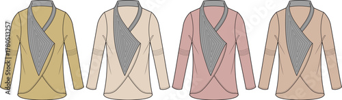 Fashionable cardigans in four different colors mustard yellow, gray, dusty rose, and beige