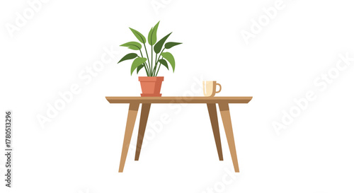 Modern potted plant and coffee cup sitting on a clean wooden table, perfect for a calming workspace or minimalist lifestyle blog aesthetic