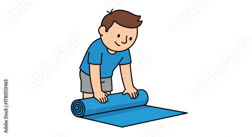 Boy rolling up a blue exercise mat after a workout, promoting fitness and healthy lifestyle habits for children with a simple design