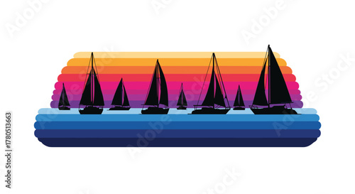 Sailboats gracefully sailing against a vibrant sunset, perfect for summer vacation promotions or nautical themed designs with colorful, abstract elements
