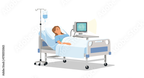 Woman Resting Comfortably in Hospital Bed Receiving IV Treatment with Monitor Displaying Heart Rate in Clean White Room Setting