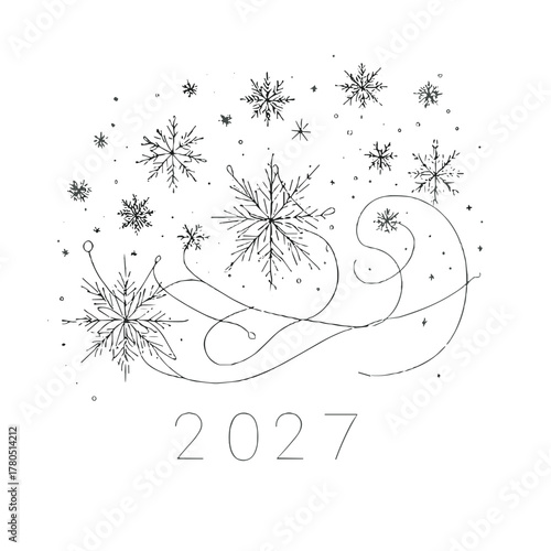 Falling snowflakes around the inscription 2027 Winter Weather outline / minimal linear vector