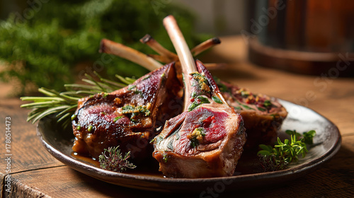 Hyper-realistic animation — Gourmet Steaks & Lamb Still Life series: beautifully plated lamb chops in rustic natural setting with herbs