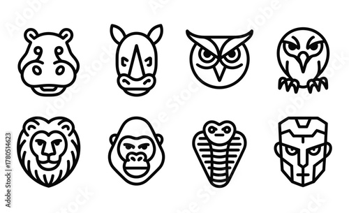 Wild Animal Face Line Art Icon Set