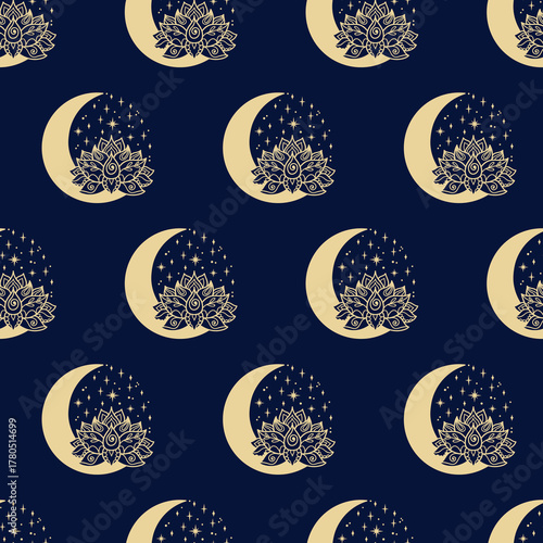 Lotus and crescent moon seamless pattern. Sacred Geometry background.