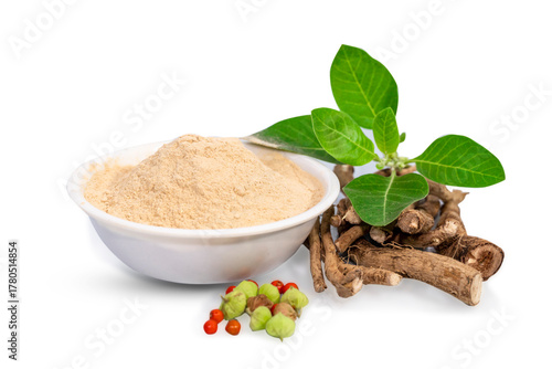 Ashwagandha Dry Root Medicinal Herb with Fresh Leaves, also known as Withania Somnifera. Ashwaganda Indian Ginseng Powder in isolated on white background.