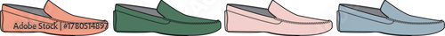 A collection of four stylish moccasin-style shoes in various colors including salmon, green, pink, and blue, perfect for casual wear