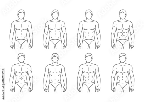 Male body fitness anatomy muscle outline icons set