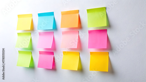 different colored sticky notes taped against wall isolated on white 