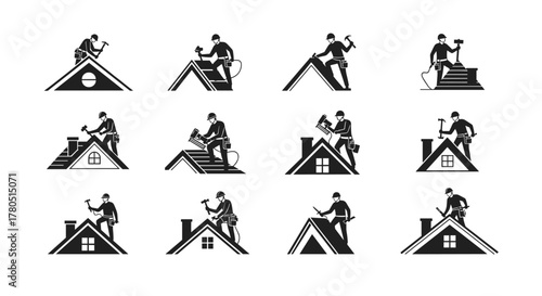 Roofing contractors working on residential houses, offering home improvement, construction, and repair services with expert craftsmanship