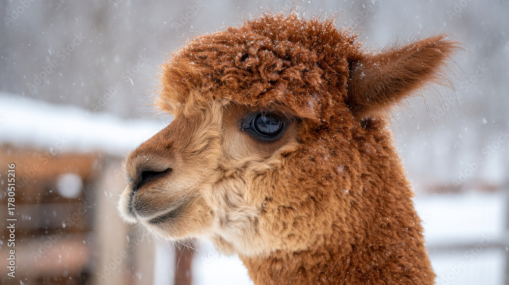 Obraz premium Brown alpaca standing in snow during winter snowfall