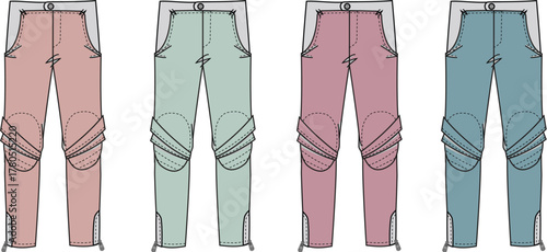 Four pairs of stylish, slim-fit pants in various colors, featuring a modern design with reinforced knees