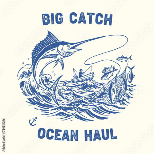 Vintage Big Catch Fishing Art. Retro Marlin Ocean Haul. Deep Sea Fisherman Badge. Hand Drawn Angler Vector. Wave and Fish Sport Design