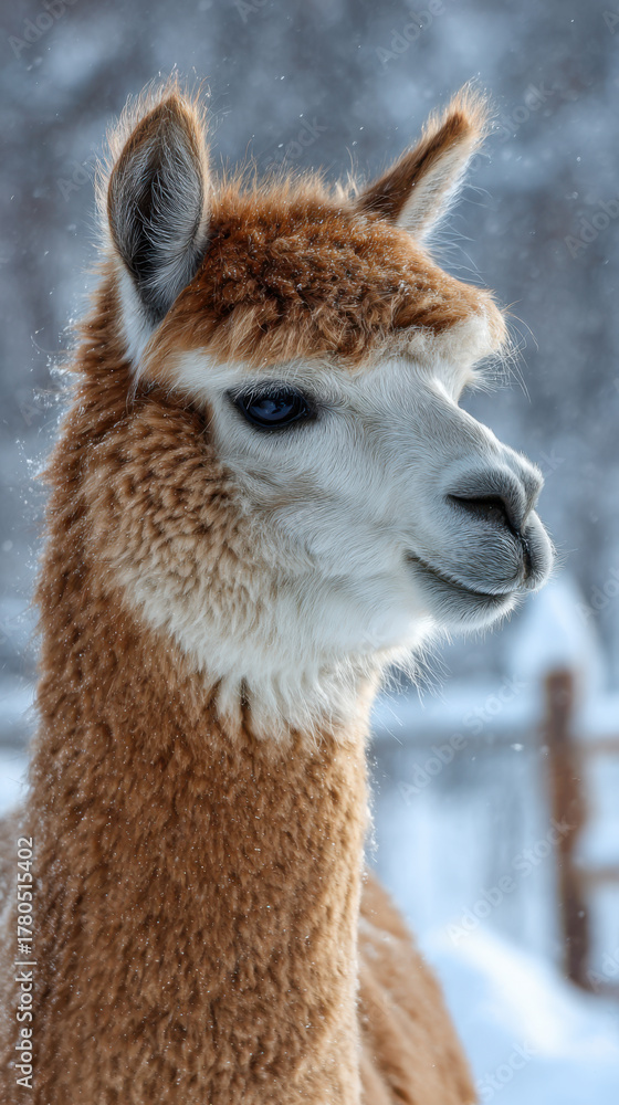 Obraz premium Alpaca looking sideways during winter snowfall. Vertical photo