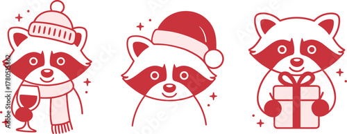 Christmas raccoon wearing Santa hat beanie scarf funny feral holiday party winter season outline drawing. Cute animal drinking wine girly theme red pink preppy aesthetic sticker bundle pack clipart.