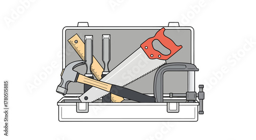 A classic metal toolbox opened to reveal a collection of essential hand tools for carpentry and DIY projects, including a saw, hammer, and clamp in a flat illustration style