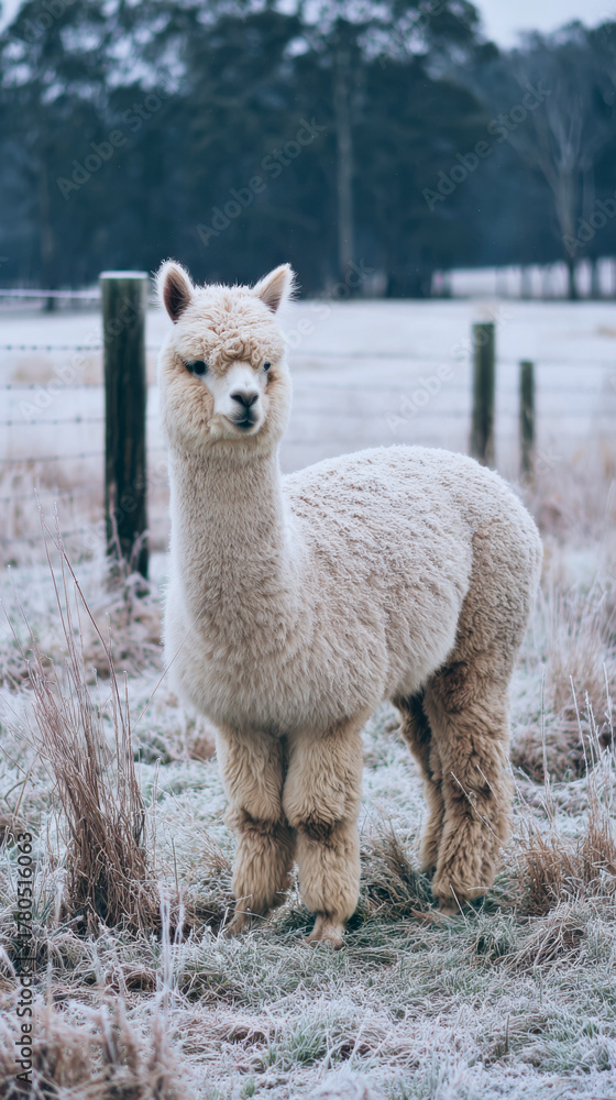 Naklejka premium Alpaca standing in a frosty winter field. Vertical photo