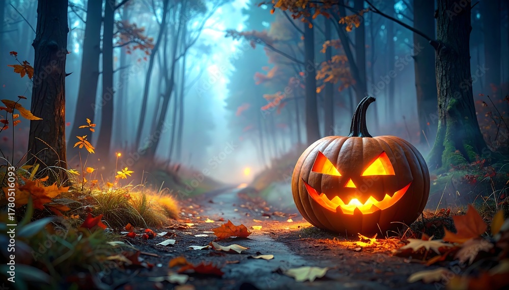 Naklejka premium A spooky jack-o'-lantern glows on a trail winding through a misty autumn forest, with trees and falling leaves