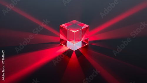 Abstract red light rays emanating from a crystal cube on a dark background