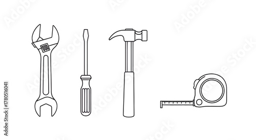 Handy Tools Illustration Wrench, Screwdriver, Hammer, and Tape Measure Line Art