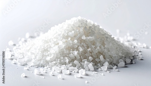 A Pile Of Coarse White Sea Salt Crystals Gleaming Under Directional Studio Lighting Against A Clean White Background Ideal For Culinary And Aesthetic Use