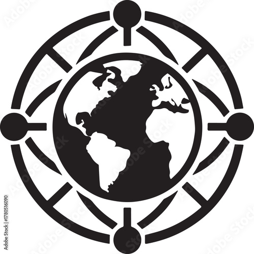 Circular Earth grid silhouette with linked dots, symbolizing global unity and connection.
