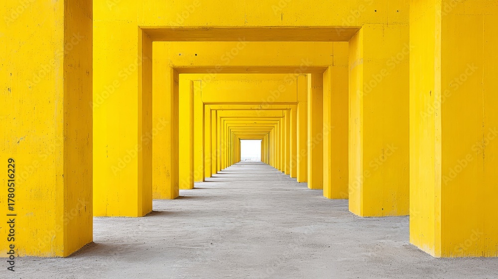 Fototapeta premium Modern architectural corridor with perspective, bright yellow and grey, representing a path or future