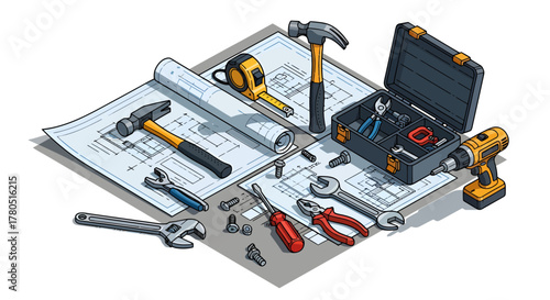 An overhead view of various tools, blueprints, and a toolbox, suggesting construction, repair, or DIY projects