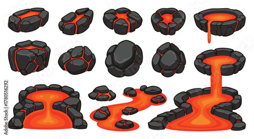 Cartoon lava rocks and streams set for game design offering fiery, hot graphics with dynamic shapes and varied sizes for creative projects