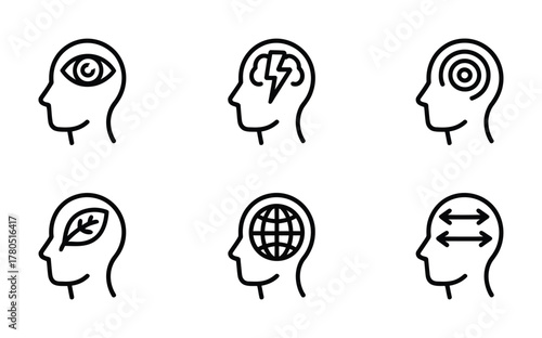 Human mind focus motivation wellness icons pack
