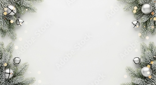 A minimalist Christmas background with snow-dusted fir branches and silver decorations. Festive holiday flat lay with jingle bells and lights and copy space for text