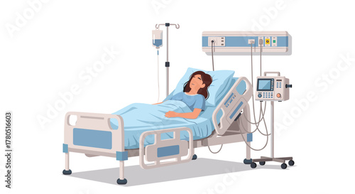 Serene patient resting comfortably in hospital bed with modern medical equipment, conveying recovery and care in a clean, bright environment
