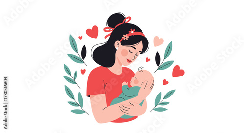 Loving mother tenderly cradling newborn baby surrounded by hearts and foliage, perfect for Mother's Day celebrations and family projects