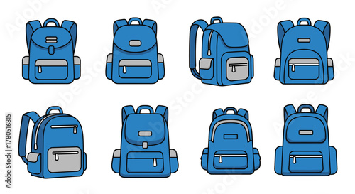 Playful collection of blue backpacks, perfect for back to school designs and educational materials