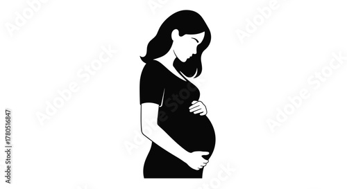 Beautiful pregnant woman silhouette with hands on stomach conveys maternal love and anticipation of motherhood in a simple elegant design