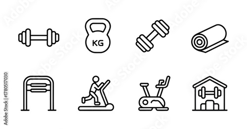 Gym fitness workout equipment training outline icons set
