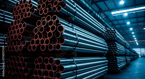 Wallpaper Mural Stacked Steel Pipes and Metal Tubes Stored in Dark Industrial Warehouse for Construction Material Torontodigital.ca