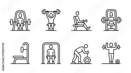 Gym fitness exercise training machine outline icons set