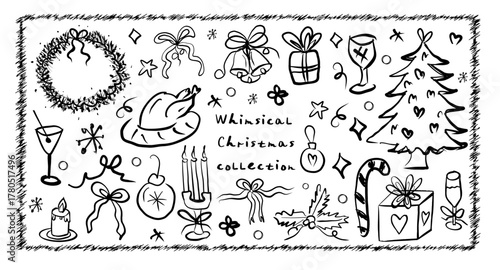 Whimsical coquette Christmas food and wine. La dolce vita concept. Design elements for New Year party greeting cards, winter party invitations, birthday. Vector