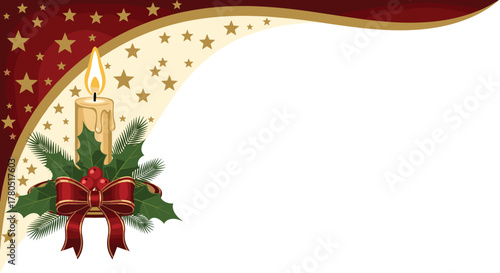 Elegant Christmas candle and red bow with festive stars background for holiday promotions and seasonal greeting cards, a warm invitation to celebrate