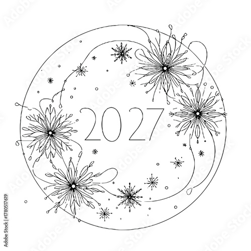 Falling snowflakes around the inscription 2027 Winter Weather outline / minimal linear vector