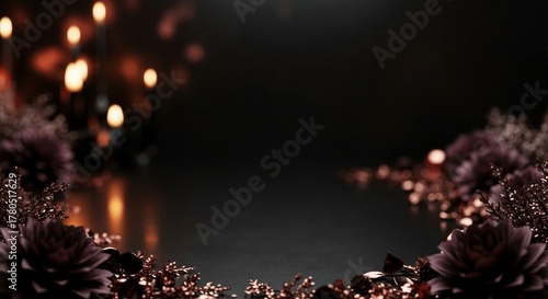 Luxurious dark background with purple flowers and rose gold glitter. Moody and elegant holiday frame with blurred candle lights and copy space for text